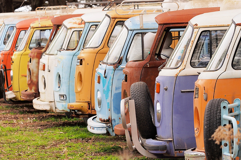 This image shows the evolution of the campervans through the years and shows how they looked when they were first originated.
