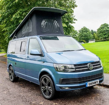 Blue Camper van with roof popped