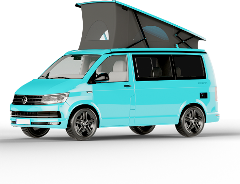 blue van with roof popped