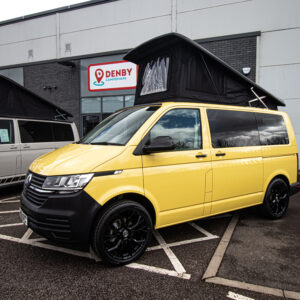 T6.1 Volkswagen Transporter Startline Campervan – Sunny Yellow – 24 Plate – A1196 angled sideview with poptop