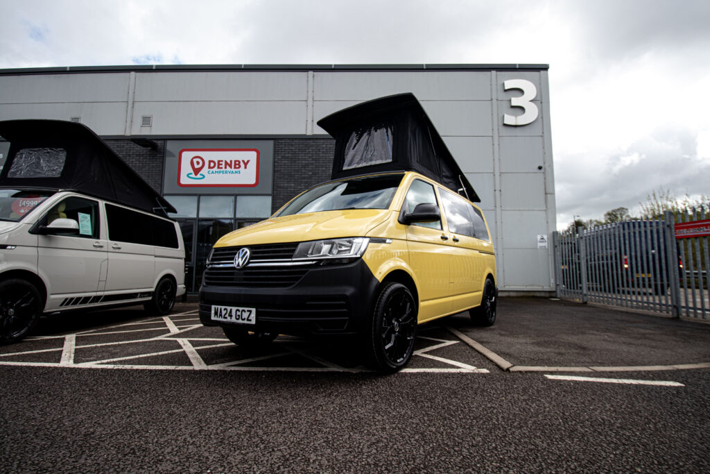 T6.1 Volkswagen Transporter Startline Campervan – Sunny Yellow – 24 Plate – A1196 front angled view