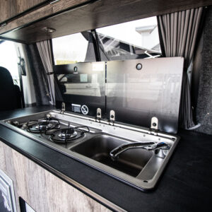 T6.1 Volkswagen Transporter Startline Campervan – Sunny Yellow – 24 Plate – A1196 when the lid for the sink and stove is open