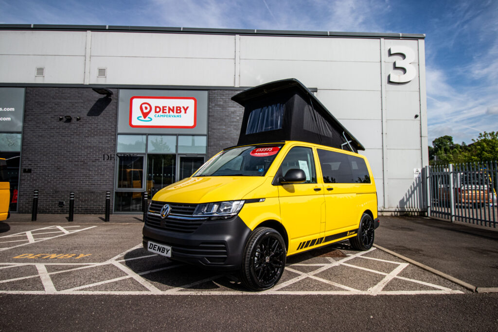 front shot of a T6.1 Volkswagen Transporter Startline Campervan – Sunny Yellow with a pop top