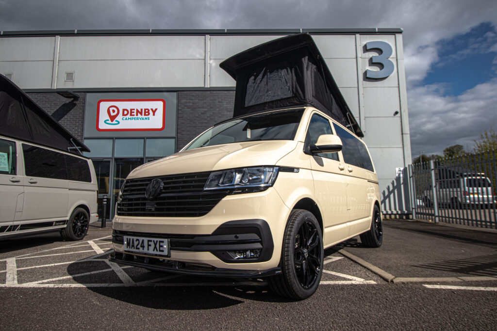 T6.1 Volkswagen Transporter Highline Campervan – Light Ivory – 24 Plate – A1198 angled front view from the right