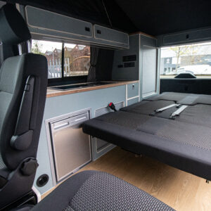 T6.1 Volkswagen Transporter Highline Campervan – Light Ivory – 24 Plate – A1198 angled view of the bed