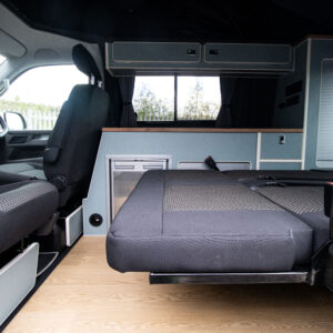 T6.1 Volkswagen Transporter Highline Campervan – Light Ivory – 24 Plate – A1198 side view of the bed