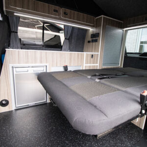 close up of a bed for a T6.1 Volkswagen Transporter Highline Campervan in Pure Grey