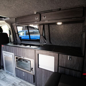 Close up of the worktop with the sink and hob hatches closed