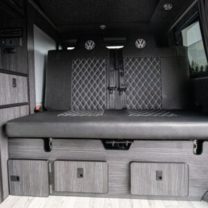 Balmoral Deluxe SWB - T6.1 Volkswagen Transporter Highline Campervan – Pure Grey – 23 – A1267 lower view of the rear seats