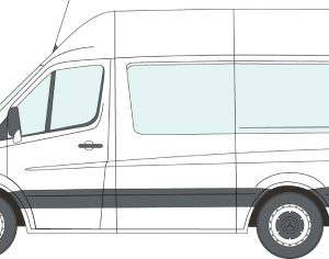 Simple illustration of a white campervan with tinted windows, shown from the side on a plain background.