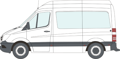 A side view illustration of a modern, high-roof campervan with large windows, two front doors, and two rear wheels visible. The white van showcases a sleek design perfect for road adventures.