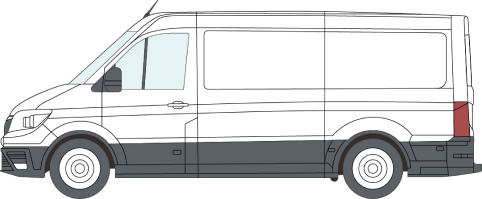 A simple illustration of a white campervan shown from the side, featuring black trim along the bottom, standard wheels, and minimal detailing.