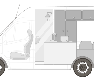 A side view illustration of a campervan with its interior layout visible, showing a drivers seat, kitchen sink, cabinets, a showerhead, and a seating area arranged inside.
