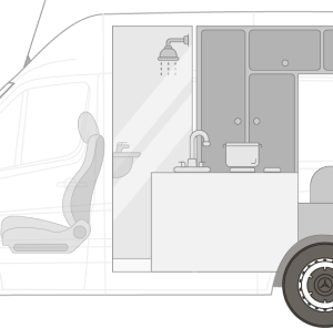 Diagram of a campervan interior, showing a driver’s seat, shower, sink, cabinets, and a couch inside a white van, viewed from the side with part of the exterior transparent.