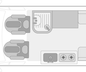Top-down campervan floor plan featuring two front seats, a sink with faucet, a two-burner stove, countertop, and a long sofa or bench extending along the side and back of the van.