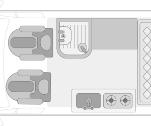Top-down diagram of a campervan interior showing two front seats, a compact kitchen area with a sink and stove, plus a large bed at the rear next to a bench or sofa.