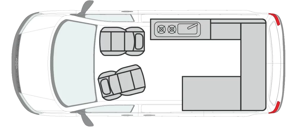 Top-down diagram of a camper van layout showing two front seats, a kitchen area with a stove and sink on the right side, and a bench or bed at the back of the vehicle.