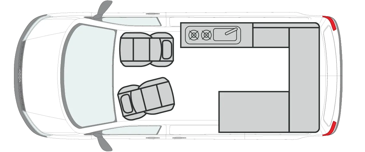 Top-down diagram of a camper van layout showing two front seats, a kitchen area with a stove and sink on the right side, and a bench or bed at the back of the vehicle.